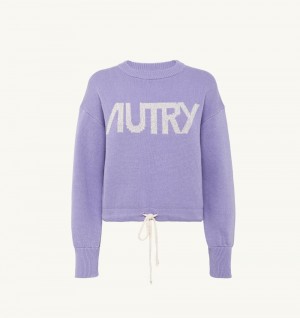 Autry Boxy Fit Crew Neck Sweater Cotton Jacquard Logo Purple | 6239-NRBSZ