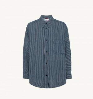 Autry Oversized Fit Striped Shirt Cotton Denim White / Blue | 6198-XKJLP