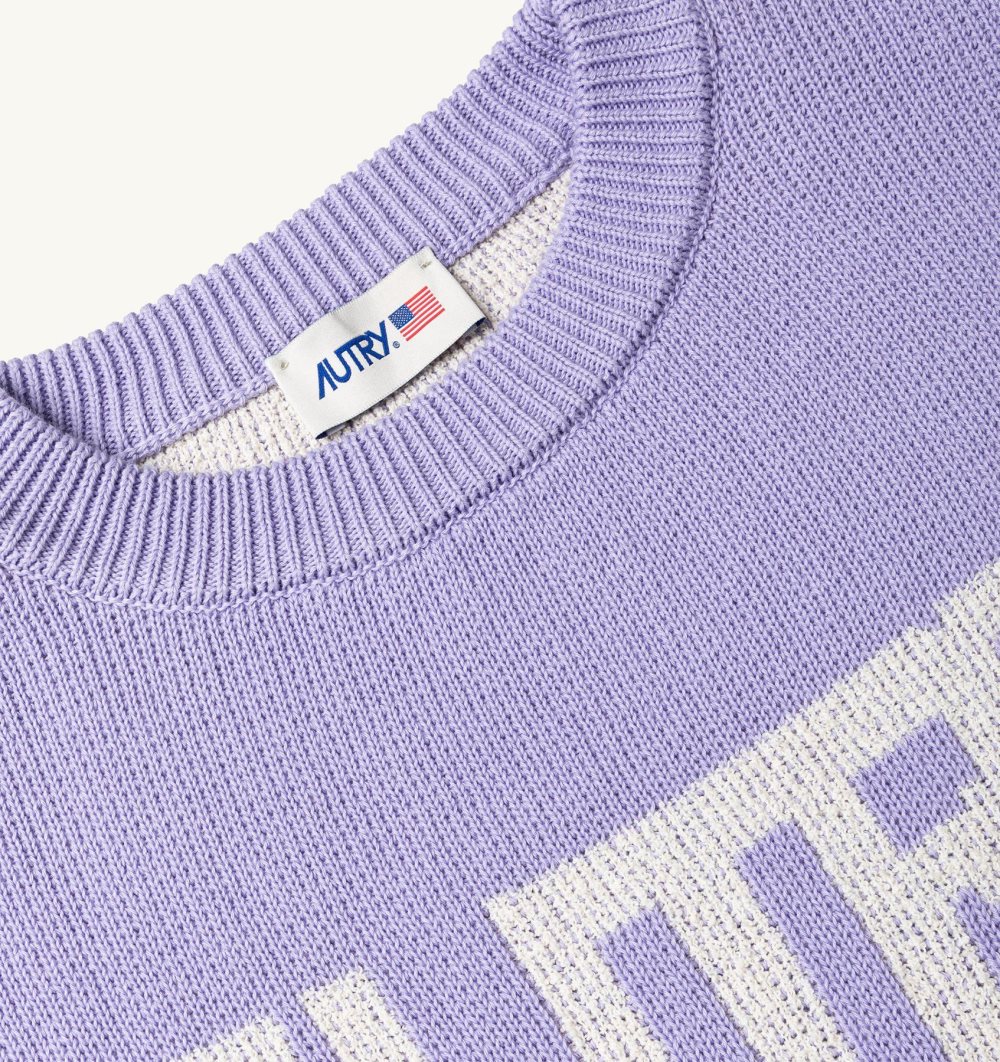 Autry Boxy Fit Crew Neck Sweater Cotton Jacquard Logo Purple | 6239-NRBSZ