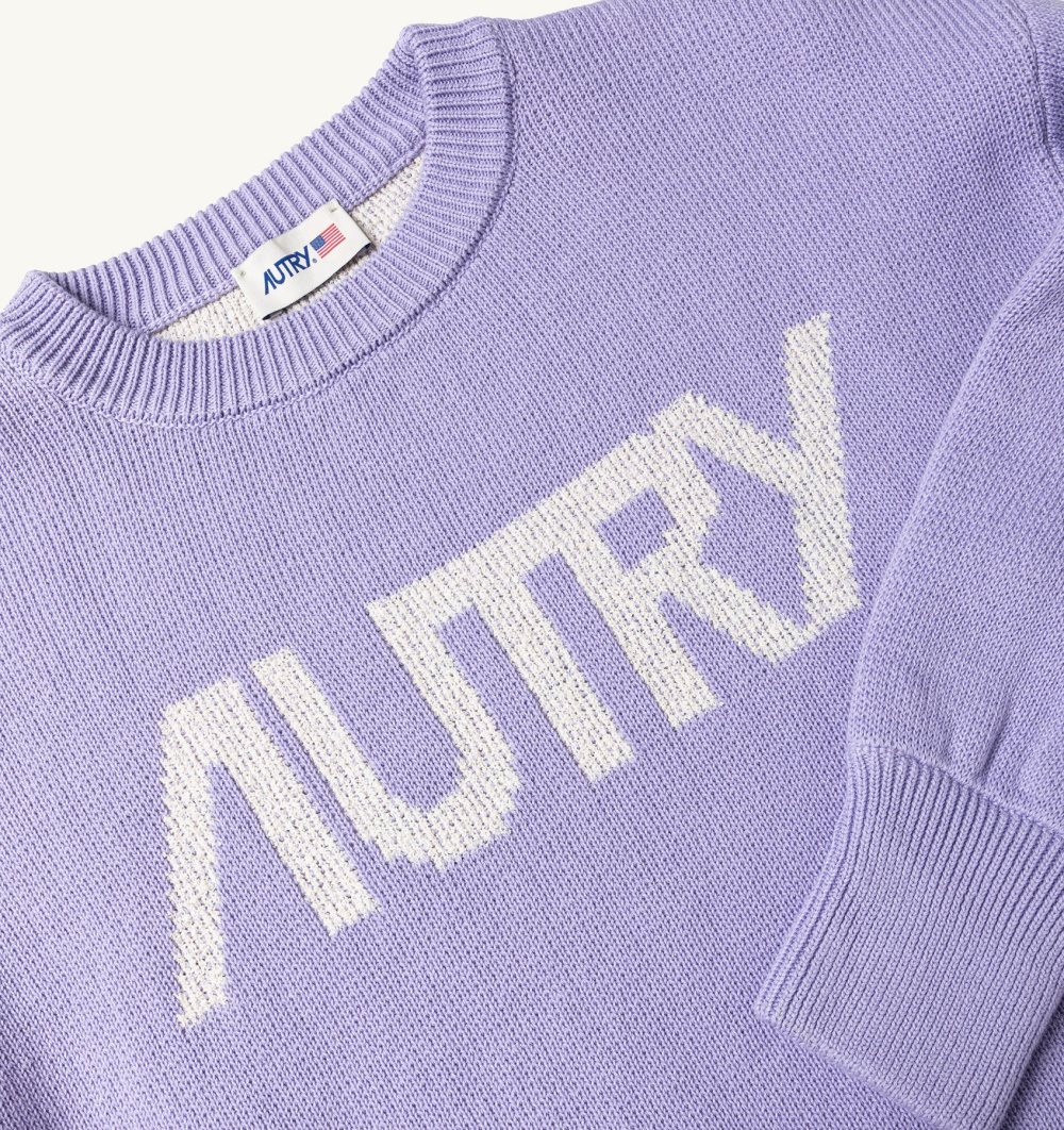 Autry Boxy Fit Crew Neck Sweater Cotton Jacquard Logo Purple | 6239-NRBSZ