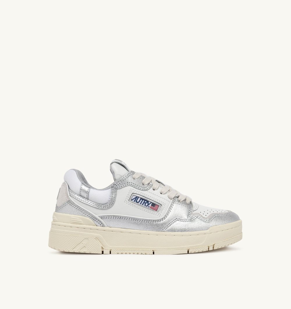 Autry Clc Low Sneakers Silver-tone Leather White / Silver | 2457-PHVWI