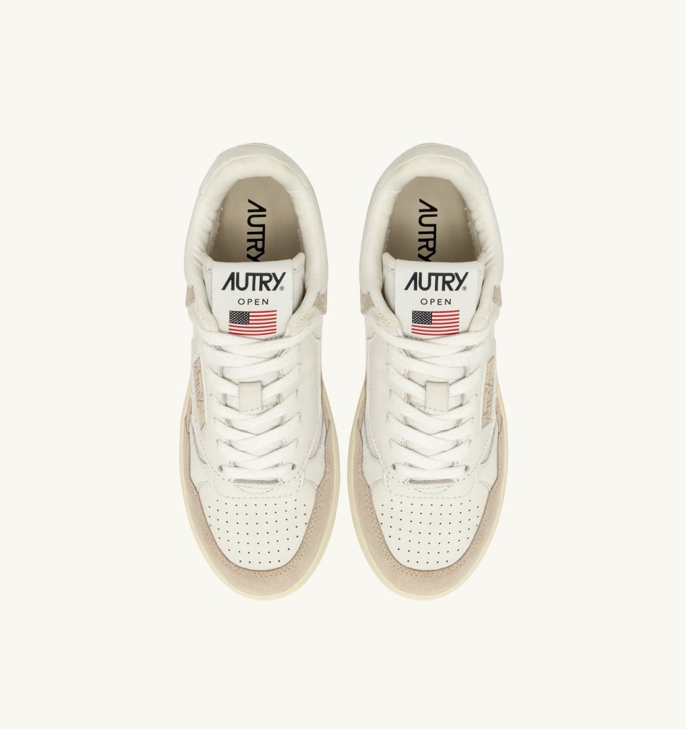 Autry Open Mid Sneakers Leather Mesh Sand Suede White / Beige | 5784-AOJGC