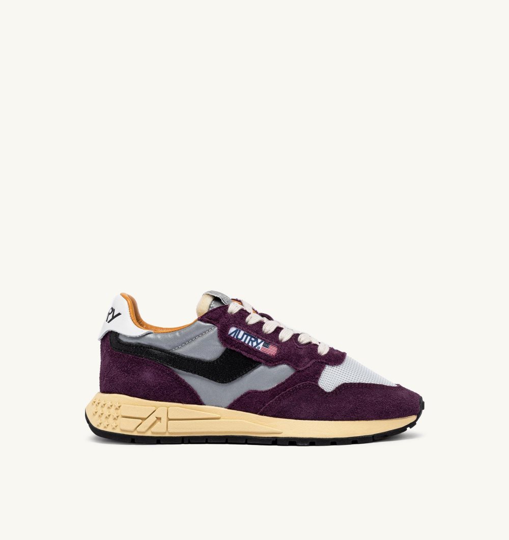 Autry Reelwind Low Sneakers Barolo Cracked Leather Reflective Nylon Burgundy | 5102-VJOQM