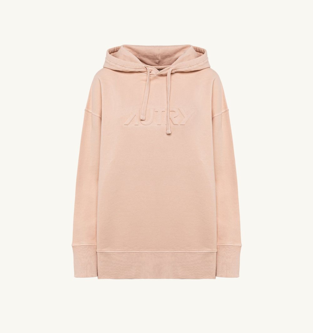 Autry Relaxed Fit Hooded Sweatshirt Cotton Jersey Embossed Logo Pink | 1603-HGYOB