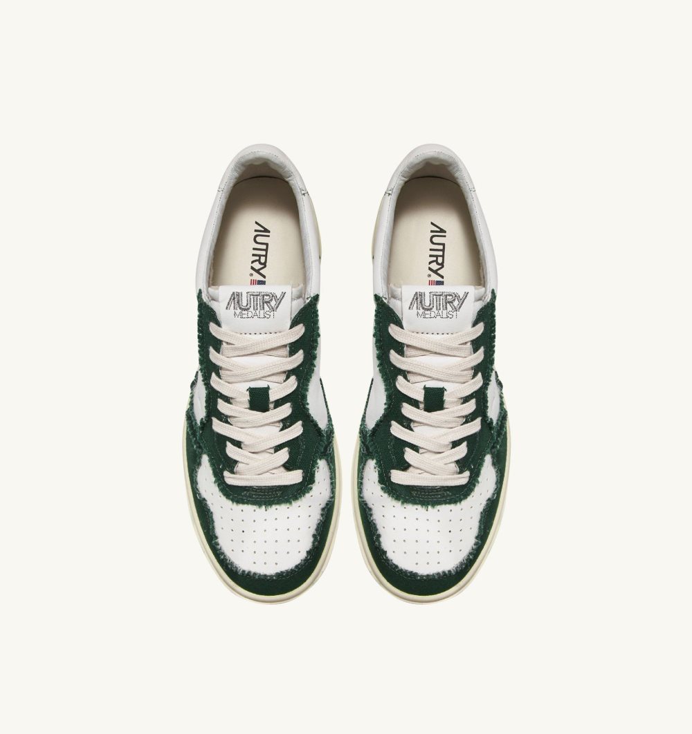 Autry Two-tone Medalist Low Sneakers Soft Goatskin Frayed Canvas Green / White | 1079-BAZXI